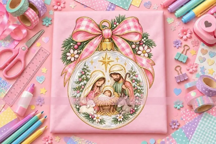 Nativity Ornament PNG with Pink Gingham Bow