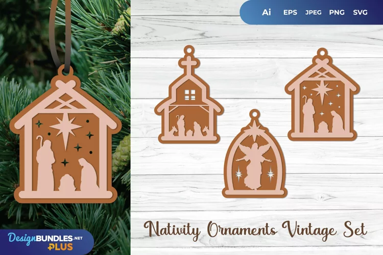 Nativity and Angel in Church and House Shaped Ornament Set