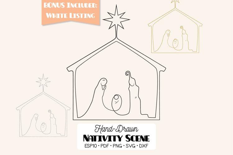 Hand drawn Nativity Scene, Baby Jesus Manger, Gold & Silver