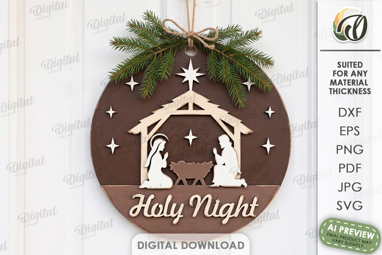 Nativity Round Sign Laser Cut. Door Hanger. Wall Decor SVG example image 1