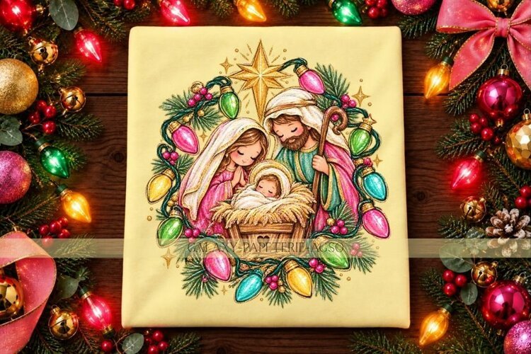 Nativity Wreath PNG with Colorful Christmas Lights example image 1