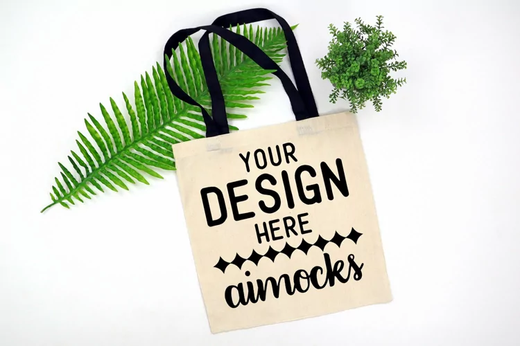 Natural Tote Bag Mockup with Black Handles, Green, Nature