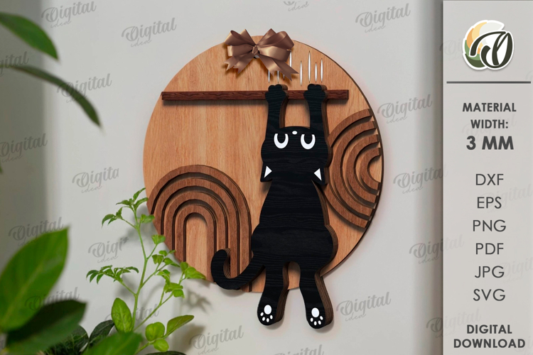 Naughty Cat on shelf Round Sign Laser Cut. Wall Decor SVG