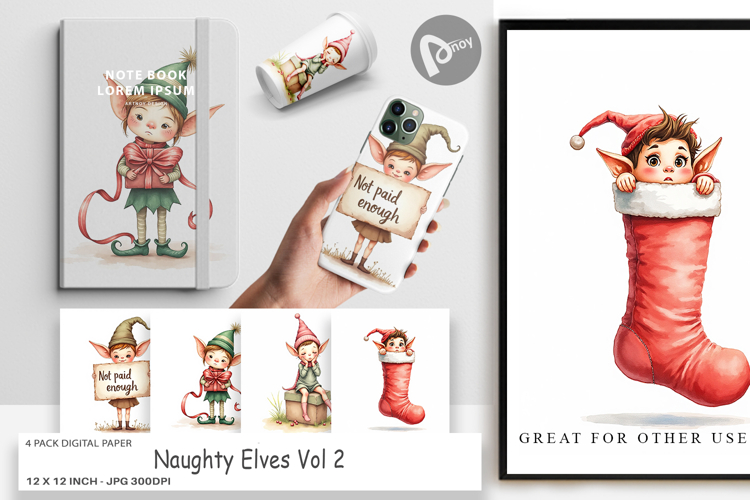 Digital Paper Watercolor Naughty Elves