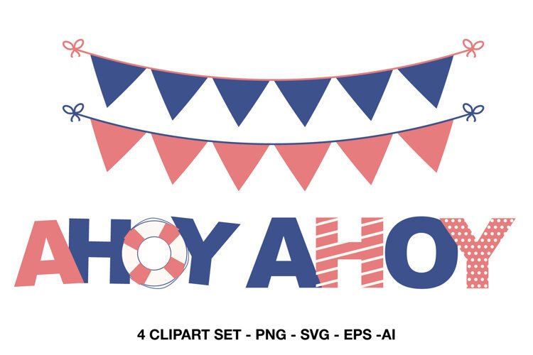 Nautical AHOY clipart with bunting banners in navy and coral