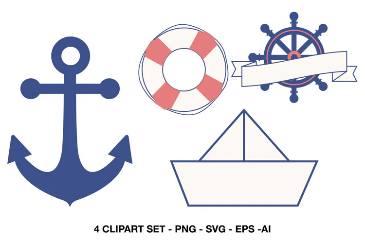 Nautical Clipart Anchor Lifebuoy Sailboat & Ship Wheel