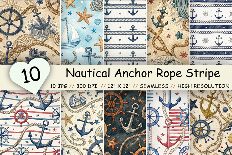 Nautical Anchor Rope Stripe Paper Pack, Seamless Digital