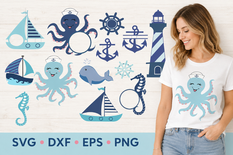 Beach monogram frame svg | Nautical Sea Creatures svg