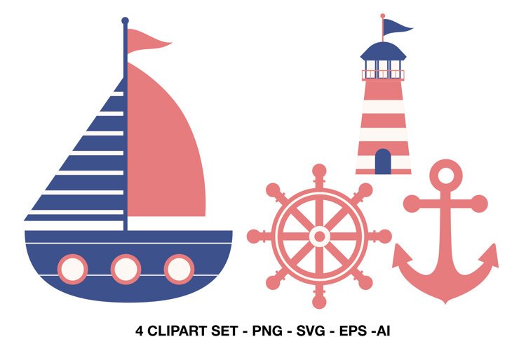 Nautical clipart collection with sailboat lighthouse ship wheel and anchor