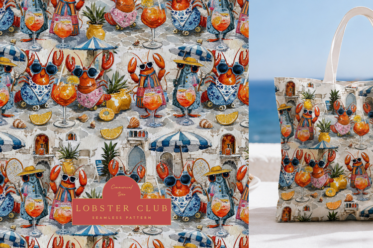 Nautical Lobster Seamless Pattern Whimsical Coastal Print
