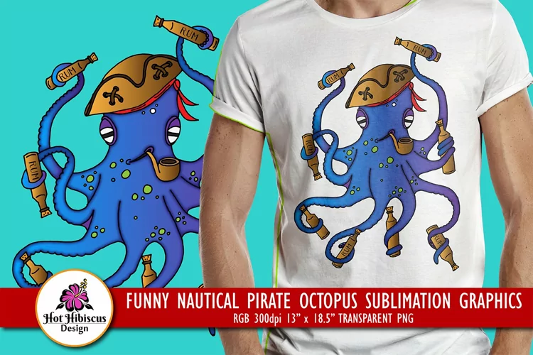 Pirate Octopus Sublimation Design, Octopus T-shirt Design