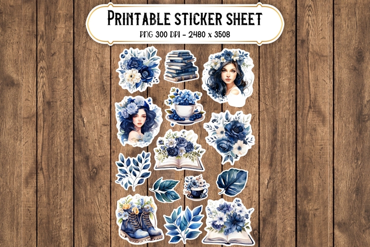 Navy Blue Floral Printable Stickers - PNG Sticker Sheet
