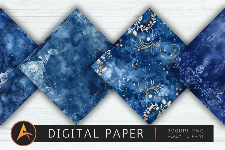 Navy Blue Watercolor Princess Digital Paper