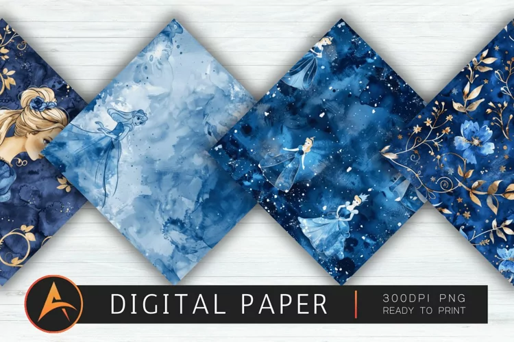 Navy Blue Watercolor Princess Digital Paper