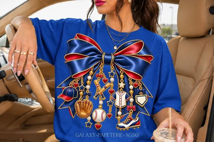Navy and Red Baseball Bow PNG with Charms