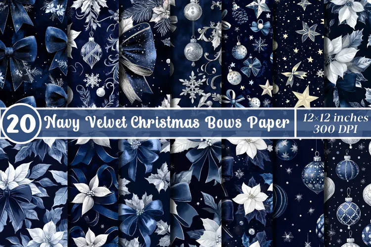 Navy Velvet Christmas Bows Digital Paper| Luxury Holiday Png