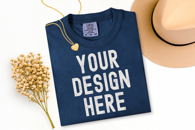 Comfort Colors C1717 Navy Shirt Mockup, Flat Lay Mockup