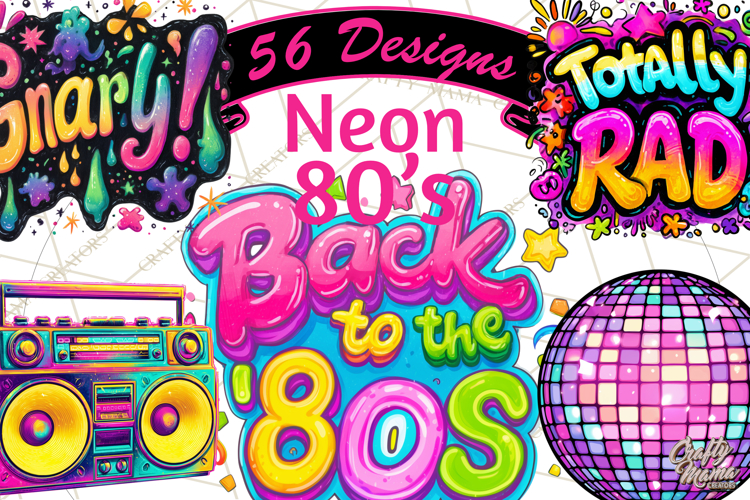 Neon 80s Clipart PNG, Retro Sticker Art & Sayings