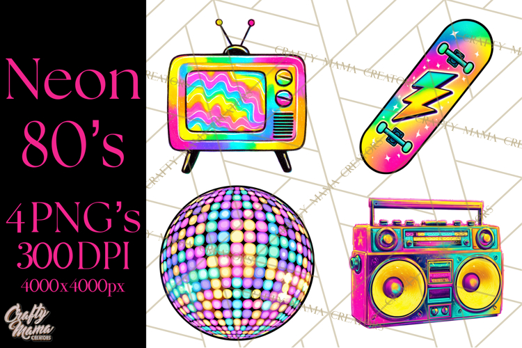 Neon 80s Clipart PNG, Retro Sticker Art & Sayings