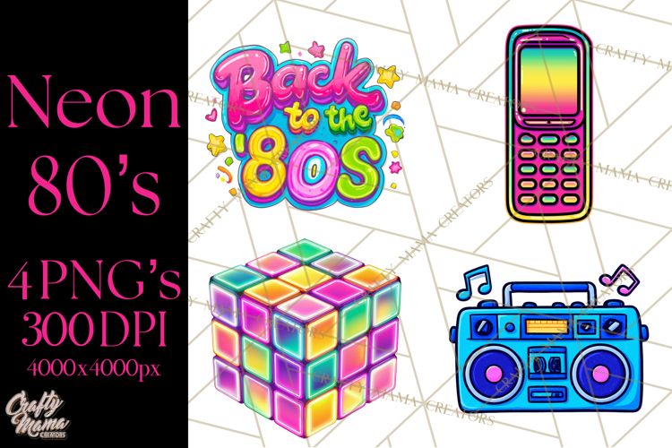 Neon 80s Clipart PNG, Retro Sticker Art & Sayings
