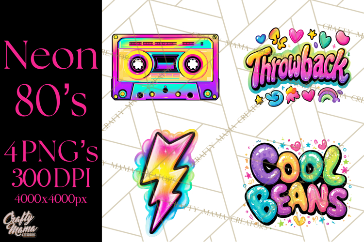Neon 80s Clipart PNG, Retro Sticker Art & Sayings