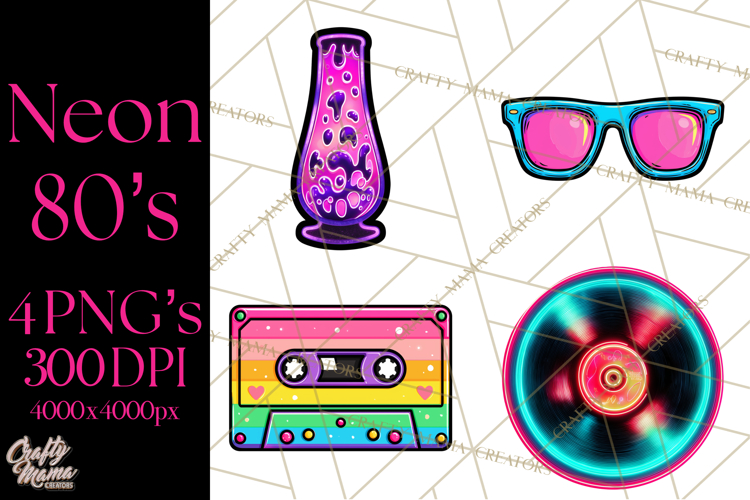 Neon 80s Clipart PNG, Retro Sticker Art & Sayings