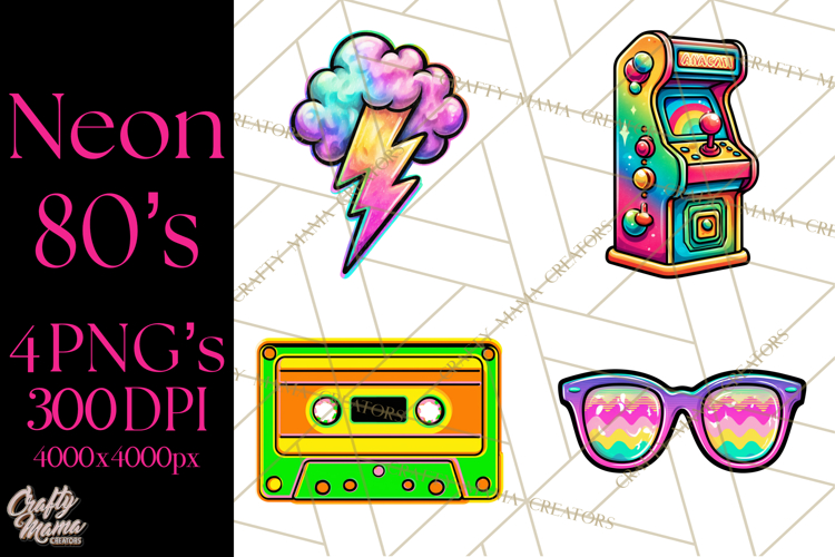 Neon 80s Clipart PNG, Retro Sticker Art & Sayings
