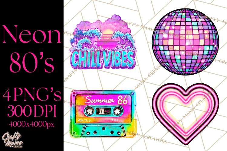 Neon 80s Clipart PNG, Retro Sticker Art & Sayings
