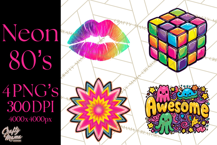 Neon 80s Clipart PNG, Retro Sticker Art & Sayings