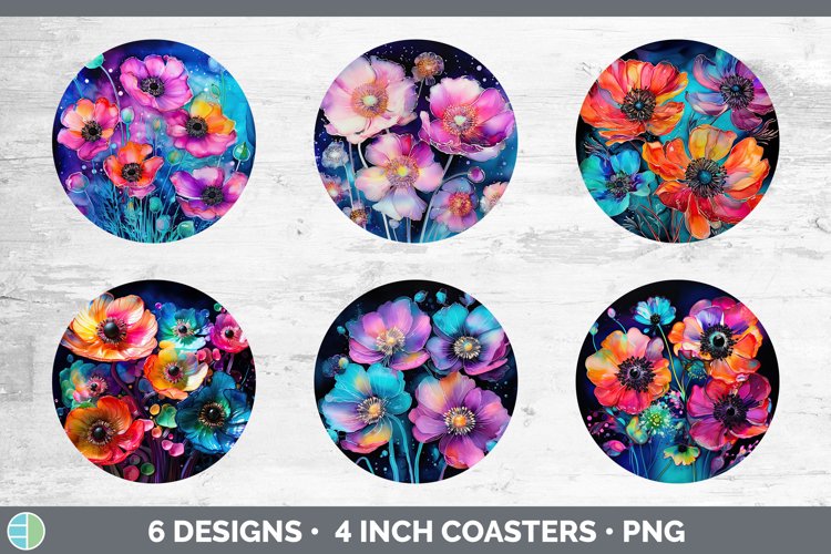 Neon Anemone Flowers Round Coaster | Bundle Coaster Designs