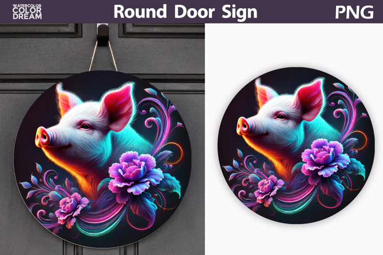 Neon Pig Round Sign | Farm Animal Door Decor