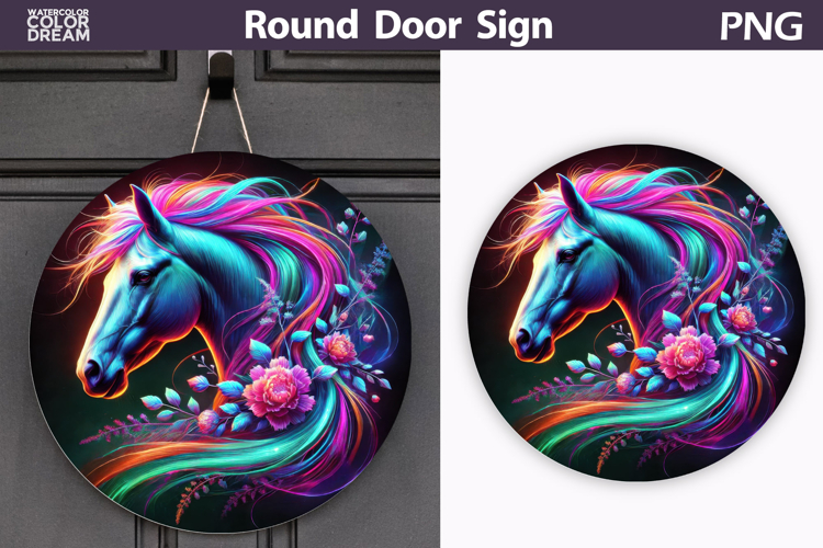 Neon Horse Round Sign | Colorful Door Decor