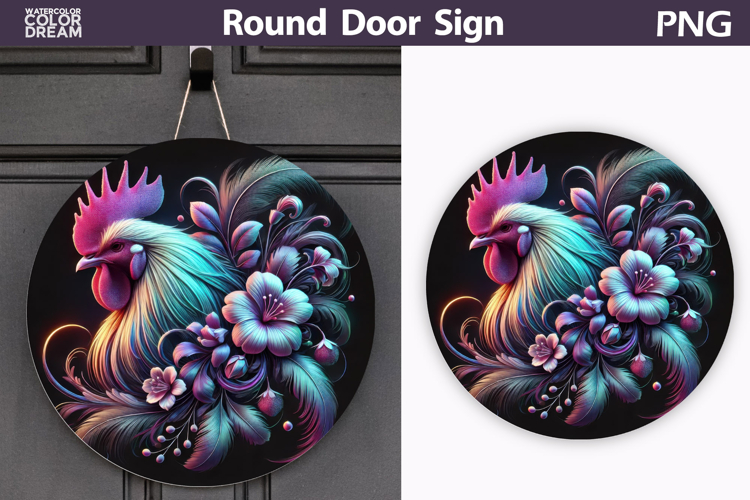 Neon Rooster Round Sign | Farm Door Decor
