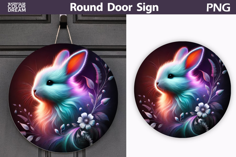 Neon Bunny Round Sign | Glowing Animal Door Decor