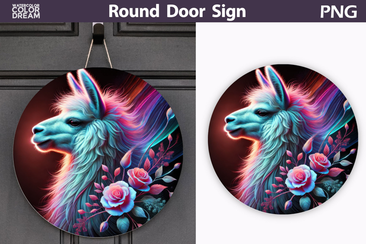 Neon Lama Round Sign | Farm Animal Floral Door Decor