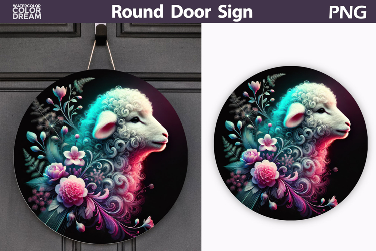 Neon Lamb Round Sign | Door Hanger Art