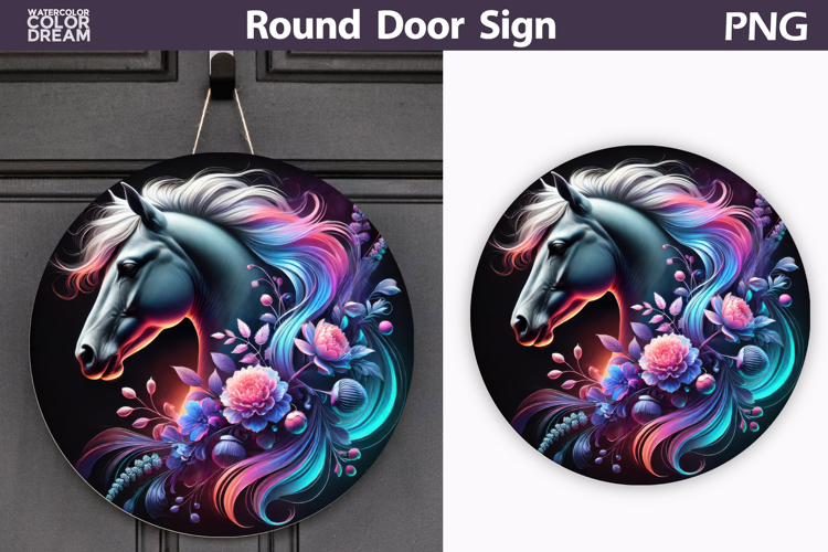 Neon Horse Door Sign | Farm Animal Round Sublimation