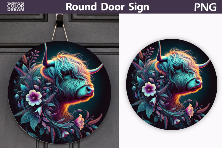Highland Cow Door Sign | Farm Animal Round Sublimation