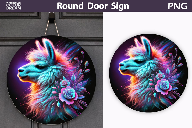 Neon Lama Door Sign | Farm Animal Round Sublimation