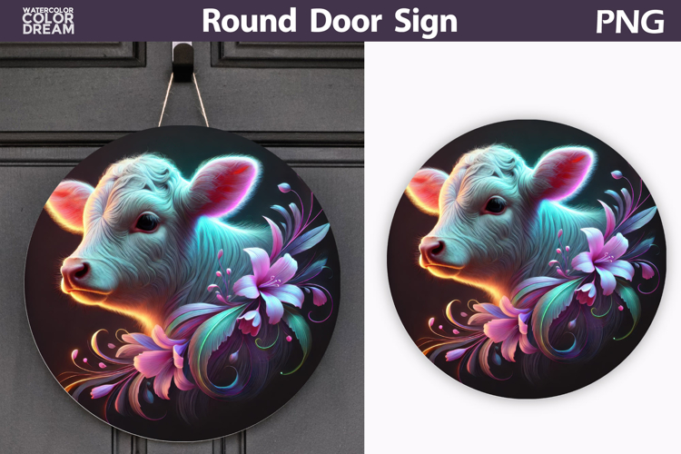 Neon Cow Door Sign | Farm Animal Round Sublimation