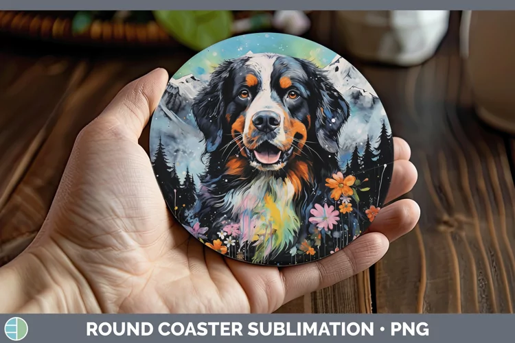 Neon Bermese Mountain Dog Round Coaster Sublimation Coaster