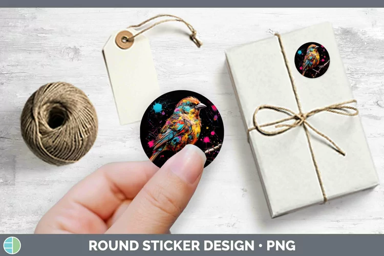 Neon Birds Sparrow Stickers | Round Labels Designs