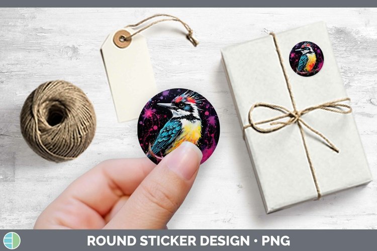 Neon Birds Woodpecker Do Stickers | Round Labels Designs