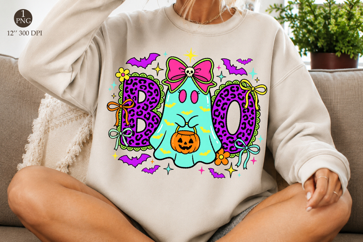 Neon BOO Ghost Png, Leopard Halloween Sublimation Design