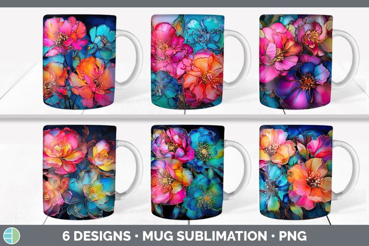 Neon Camellia Flowers Mug Wrap | Bundle Coffee Cup Designs