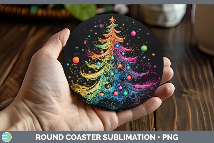 Neon Christmas Tree Round Coaster Sublimation Coaster D