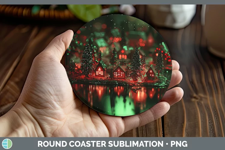 Neon Christmas Village Round Coaster Sublimation Coaste