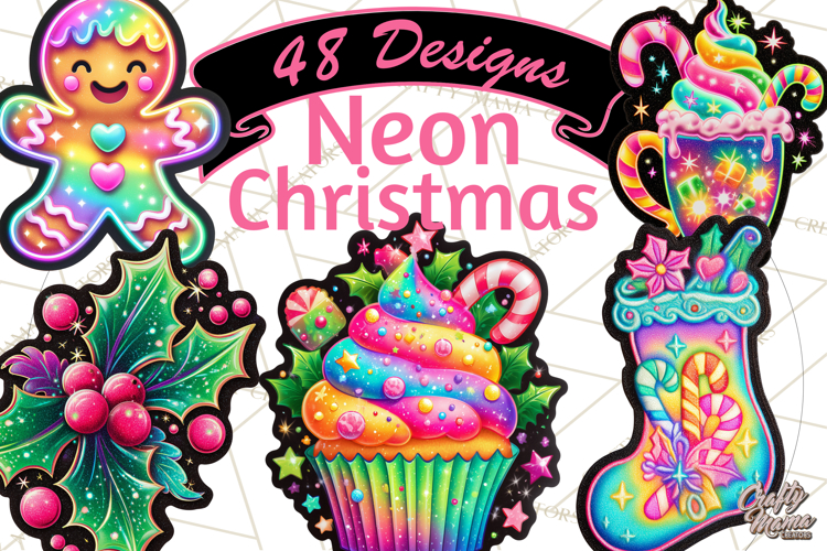 Neon Christmas Clipart Png, Kawaii Holiday Sticker Icons example image 1