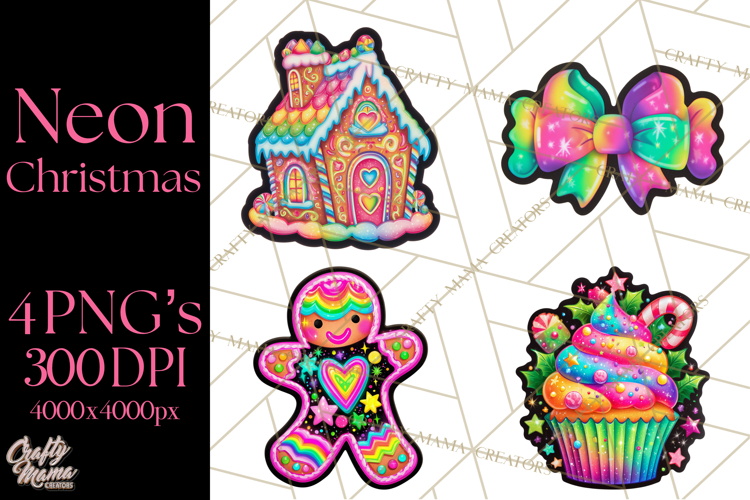 Neon Christmas Clipart Png, Kawaii Holiday Sticker Icons