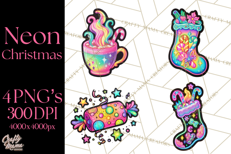 Neon Christmas Clipart Png, Kawaii Holiday Sticker Icons example image 1